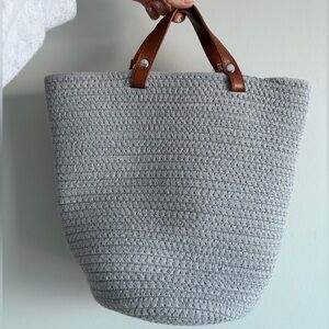 Grey Woven Bucket Bag with Faux Leather Handles